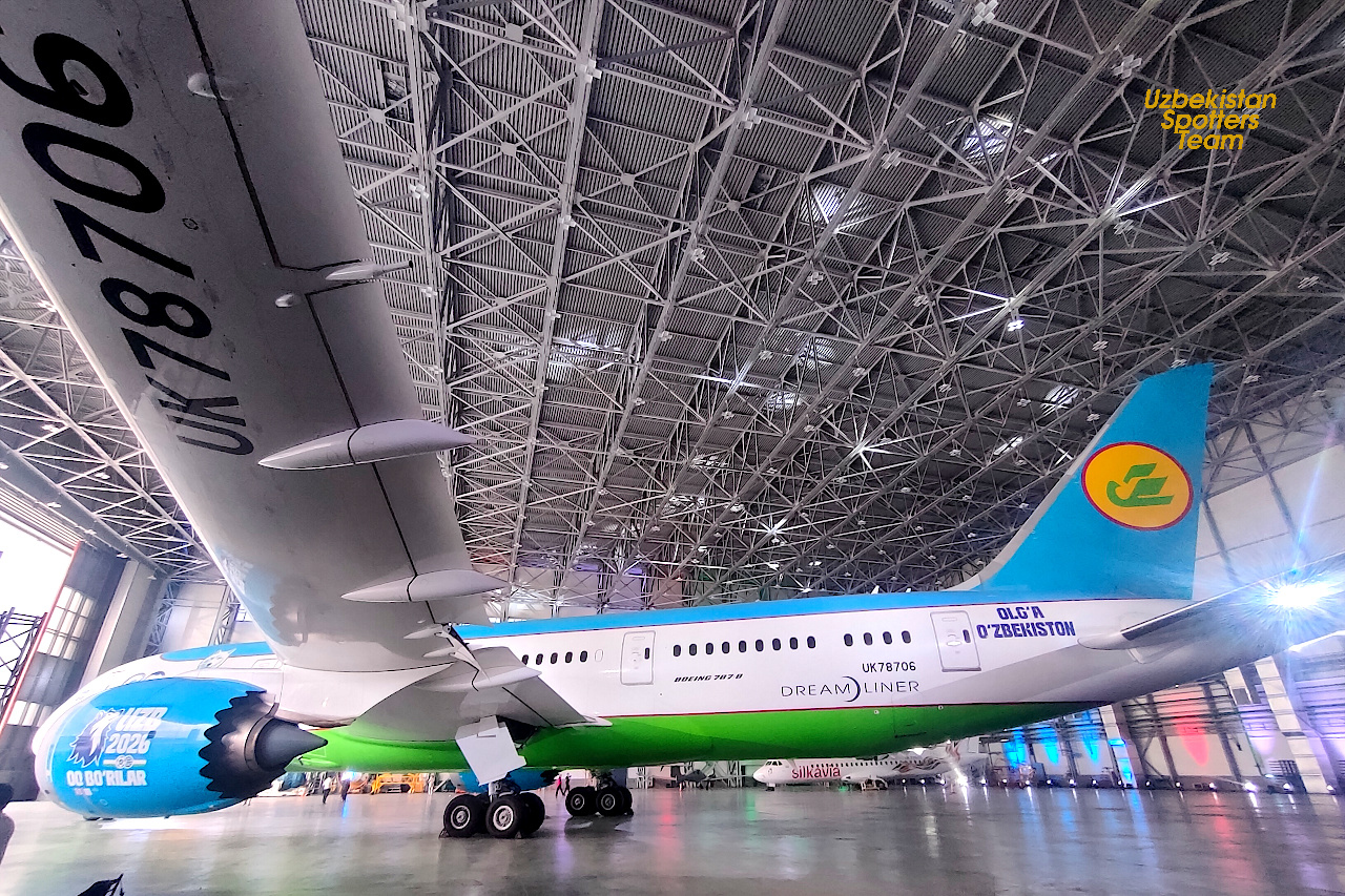A new livery of Boeing-787-8 UK78706 Uzbekistan Airways dedicated to a debut of National soccer team in FIFA Word Cup 2026 